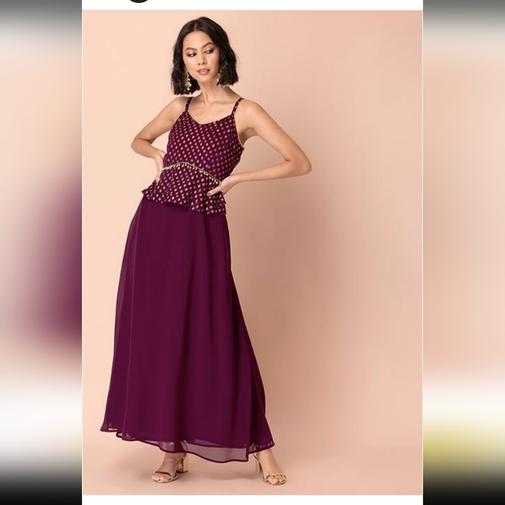 House of Indya Maroon Foil Print Strappy Peplum Maxi Kurta 2XL